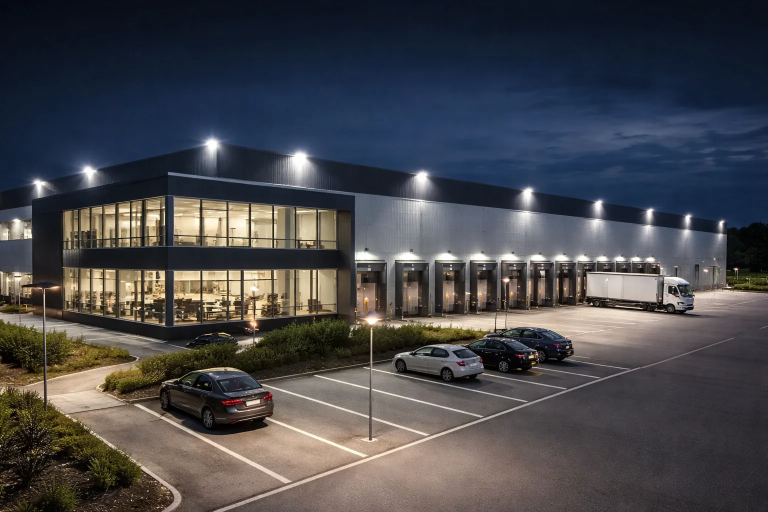 Endüstriyel dış cephe LED aydınlatma uygulaması gece görünümü