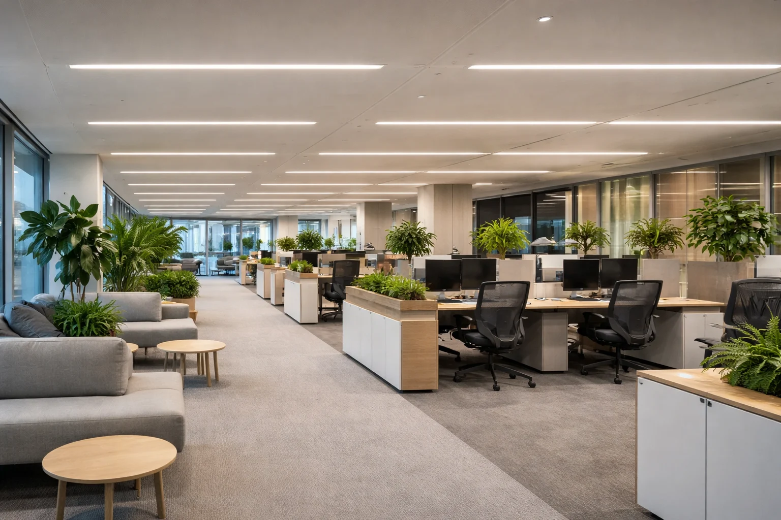 Modern ofis iç mekan lineer LED tavan aydınlatma uygulaması