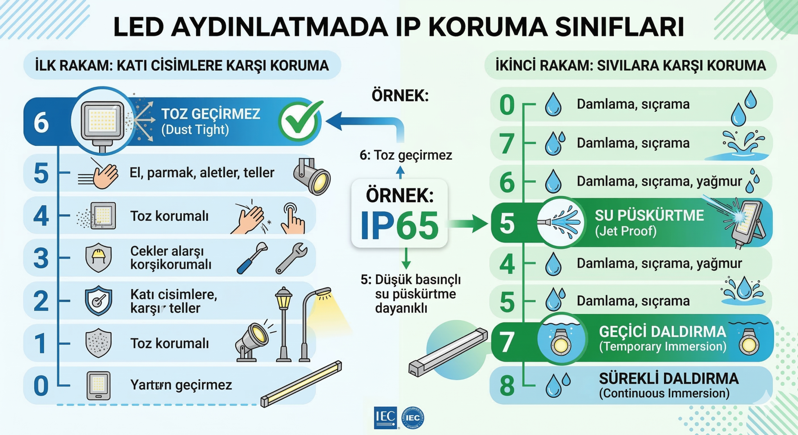 LED aydınlatma armatürlerinin IP koruma sınıflarını (toz ve suya karşı dayanıklılık) anlatan Türkçe infografik. Sol tarafta katı cisim koruması (0-6 arası seviyeler), sağ tarafta sıvı koruması (0-8 arası seviyeler) semboller ve açıklamalarla gösteriliyor. Merkezde IP65 derecesinin toz geçirmez ve düşük basınçlı su püskürtmeye dayanıklı olduğu örnekleniyor.