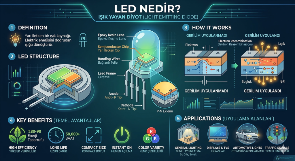 LED nedir: Işık yayan diyot teknolojisinin iç yapısını, p-n eklemi çalışma prensibini, avantajlarını ve endüstriyel kullanım alanlarını anlatan detaylı infografik.