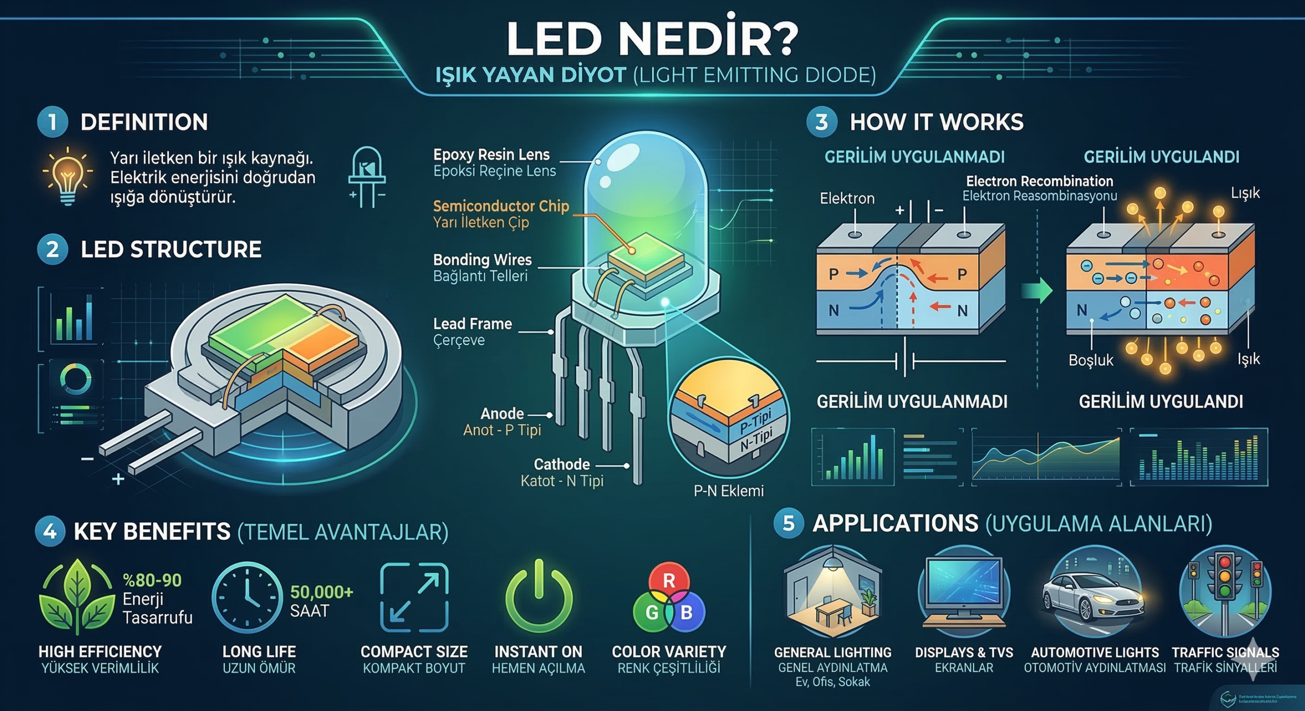 LED nedir: Işık yayan diyot teknolojisinin iç yapısını, p-n eklemi çalışma prensibini, avantajlarını ve endüstriyel kullanım alanlarını anlatan detaylı infografik.