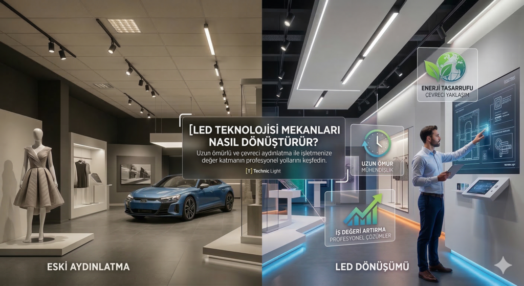 LED teknolojisi ile mekan dönüşümünü anlatan öncesi-sonrası (eski aydınlatma ve yeni nesil lineer ışıklandırma) detaylı showroom diyagramı.