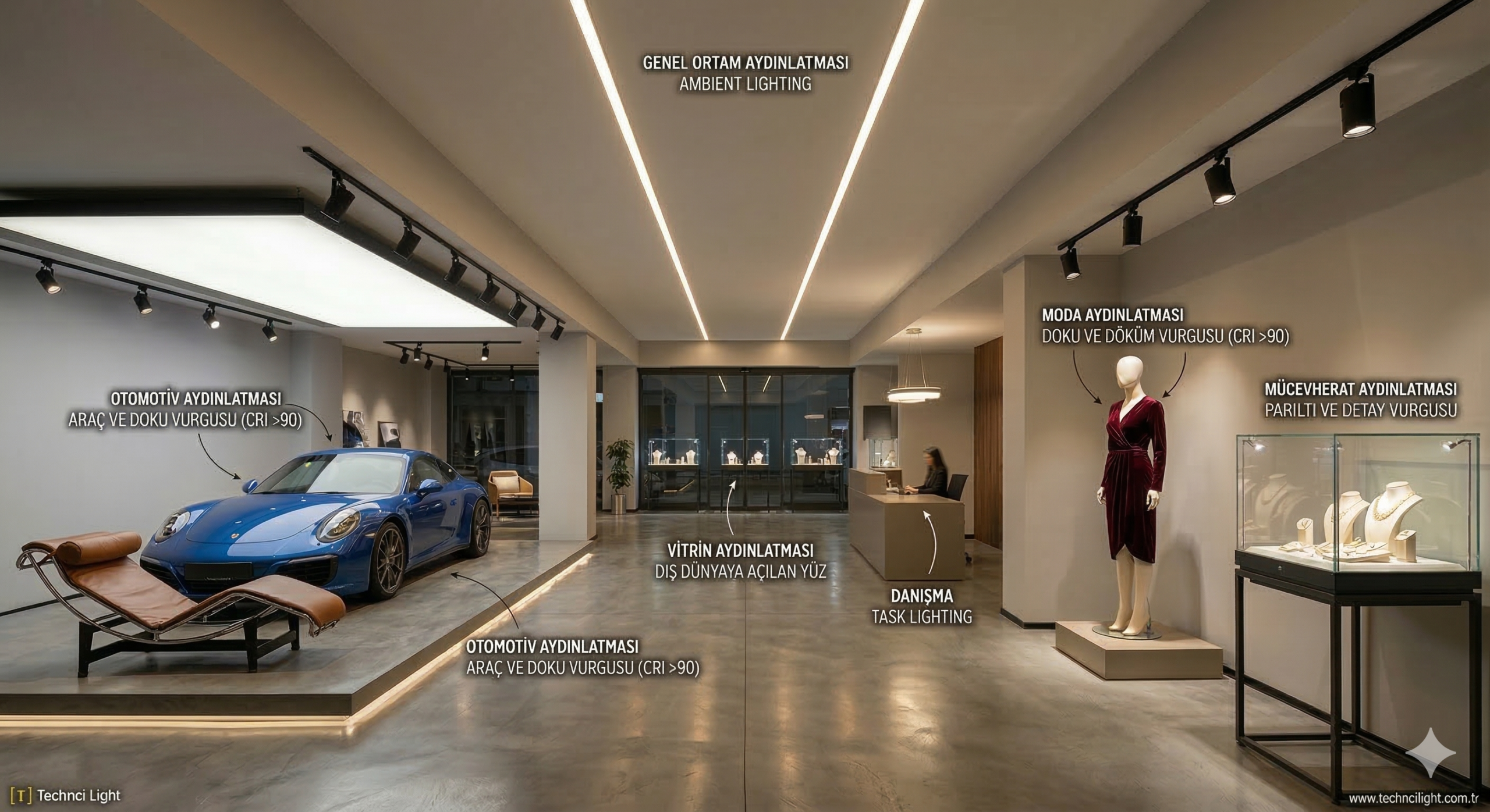 Showroom aydınlatması uygulamalarını gösteren; mavi spor araba, elbise mankeni ve mücevher vitrini üzerinde profesyonel ışık katmanlarının kullanıldığı mağaza içi tasarımı.