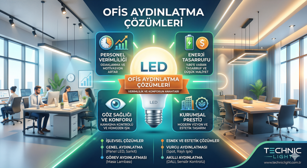 Ofis aydınlatma çözümlerinin enerji tasarrufu, personel verimliliği ve konfor üzerindeki etkilerini gösteren Technic Light infografiği.