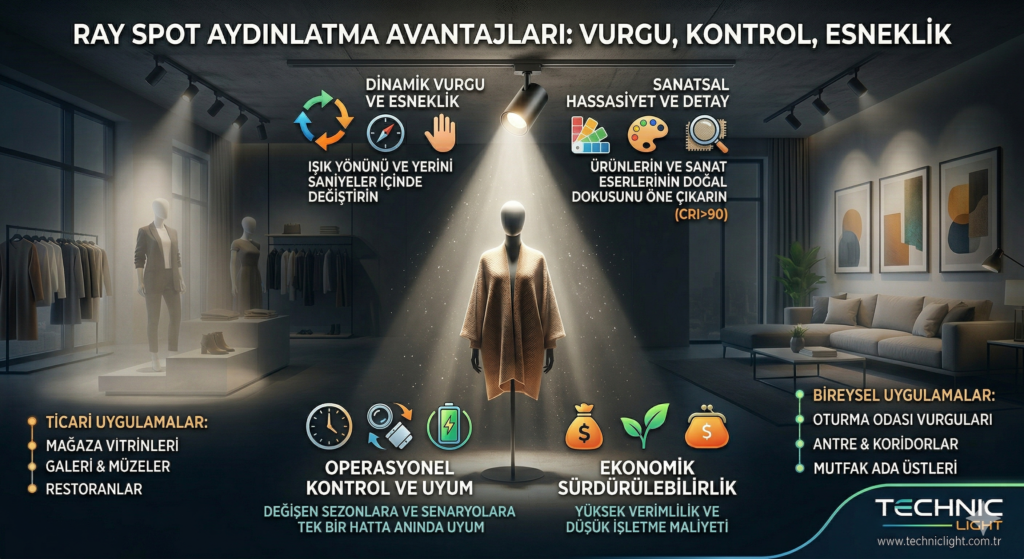 Ray Spot aydınlatma avantajları; dinamik yönlendirme, yüksek CRI (>90) ile sanatsal hassasiyet, operasyonel kontrol ve ekonomik sürdürülebilirlik gibi faydaları mağaza ve ev konsepti üzerinden anlatan Technic Light infografiği.