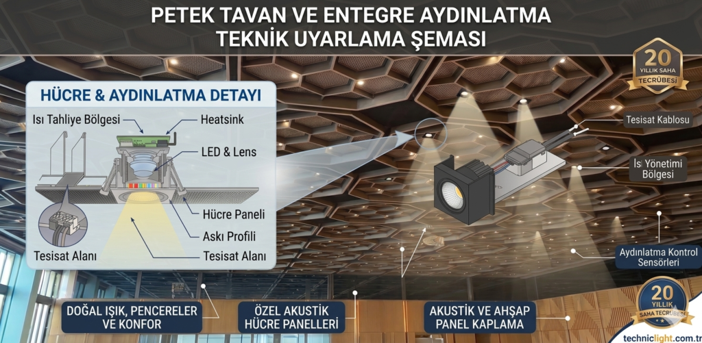 Petek tavan aydınlatması ve entegre LED armatür anatomisini, ısı yönetimi ve montaj detaylarıyla gösteren teknik uyarlama şeması.