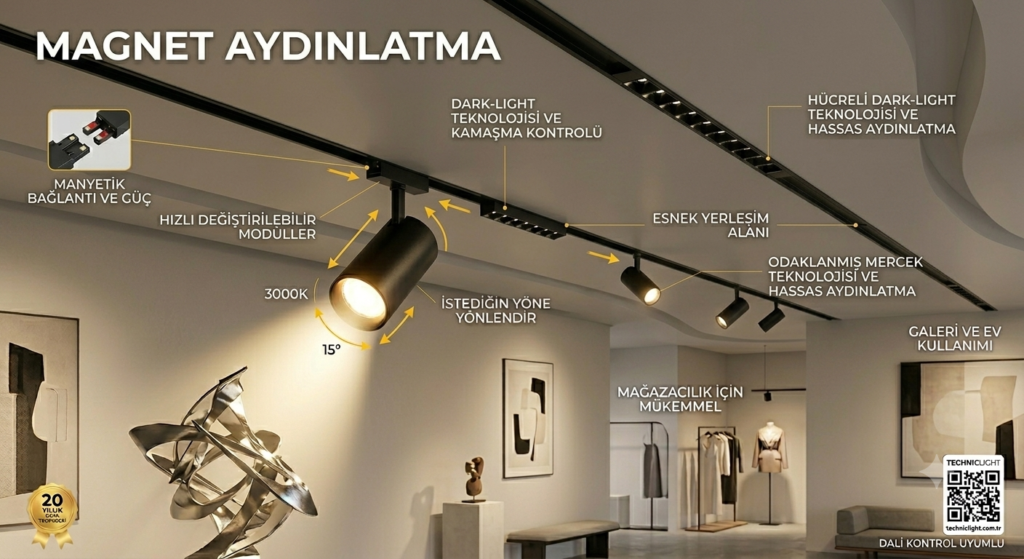 TechnicLight magnet aydınlatma sistemi; modüller, 3000K hareketli spotlar ve DALI uyumlu manyetik ray uygulaması.