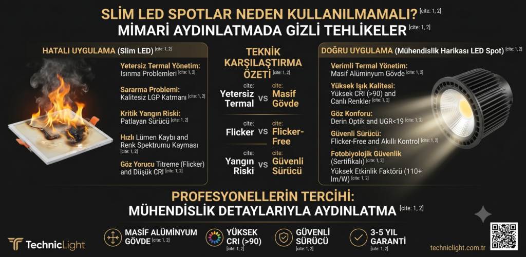 Aydınlatma projelerinde ucuz Slim LED spotların neden kullanılmaması gerektiğini analitik olarak açıklayan kapsamlı mühendislik infografiği. Görsel, kalitesiz bir armatürün yol açtığı alüminyum soğutucu eksikliği, lümen depresyonu, sararma, yetersiz sürücü (driver) kaynaklı yangın riskleri, düşük CRI ve flicker (titreme) problemlerini, kaliteli mühendislik ürünlerinin sunduğu masif termal yönetim, yüksek renk kalitesi (CRI>90), görsel konfor (UGR
