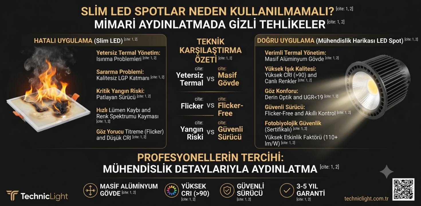 Aydınlatma projelerinde ucuz Slim LED spotların neden kullanılmaması gerektiğini analitik olarak açıklayan kapsamlı mühendislik infografiği. Görsel, kalitesiz bir armatürün yol açtığı alüminyum soğutucu eksikliği, lümen depresyonu, sararma, yetersiz sürücü (driver) kaynaklı yangın riskleri, düşük CRI ve flicker (titreme) problemlerini, kaliteli mühendislik ürünlerinin sunduğu masif termal yönetim, yüksek renk kalitesi (CRI>90), görsel konfor (UGR