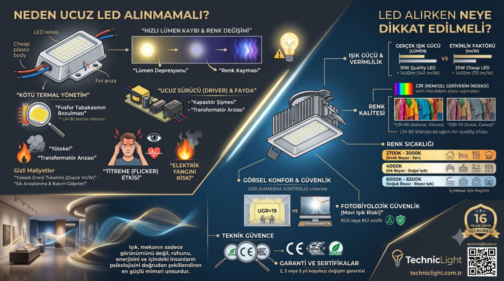 Ucuz LED armatürlerin lümen kaybı, titreme (flicker) ve yangın riskleri ile kaliteli LED alırken dikkat edilmesi gereken lümen, CRI, UGR ve termal soğutucu özelliklerini karşılaştırmalı gösteren detaylı teknik infografik.