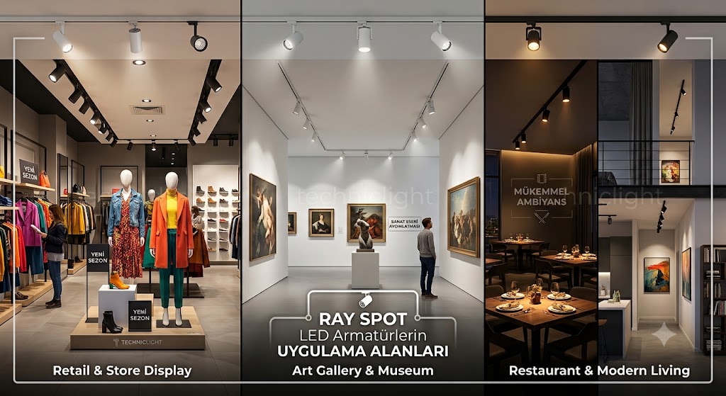Mağaza, müze, restoran ve evlerde ray spot led armatür kullanım alanlarını gösteren uygulama kolajı