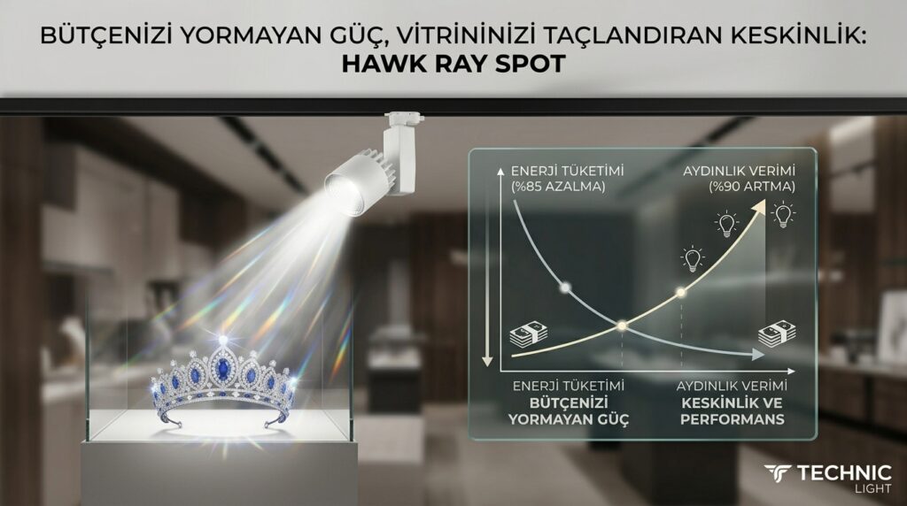 Beyaz renkli Hawk Ray Spot armatürü ile aydınlatılmış mücevher vitrini ve enerji tasarrufu grafiği. Bütçenizi Yormayan Güç, Vitrininizi Taçlandıran Keskinlik: Hawk Ray Spot.
