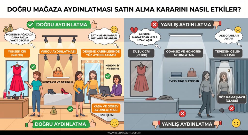 Doğru mağaza aydınlatması müşterilerin satın alma kararını nasıl etkiler sorusunu yanıtlayan ve ışıklandırma tekniklerinin satışlara etkisini gösteren görsel.
