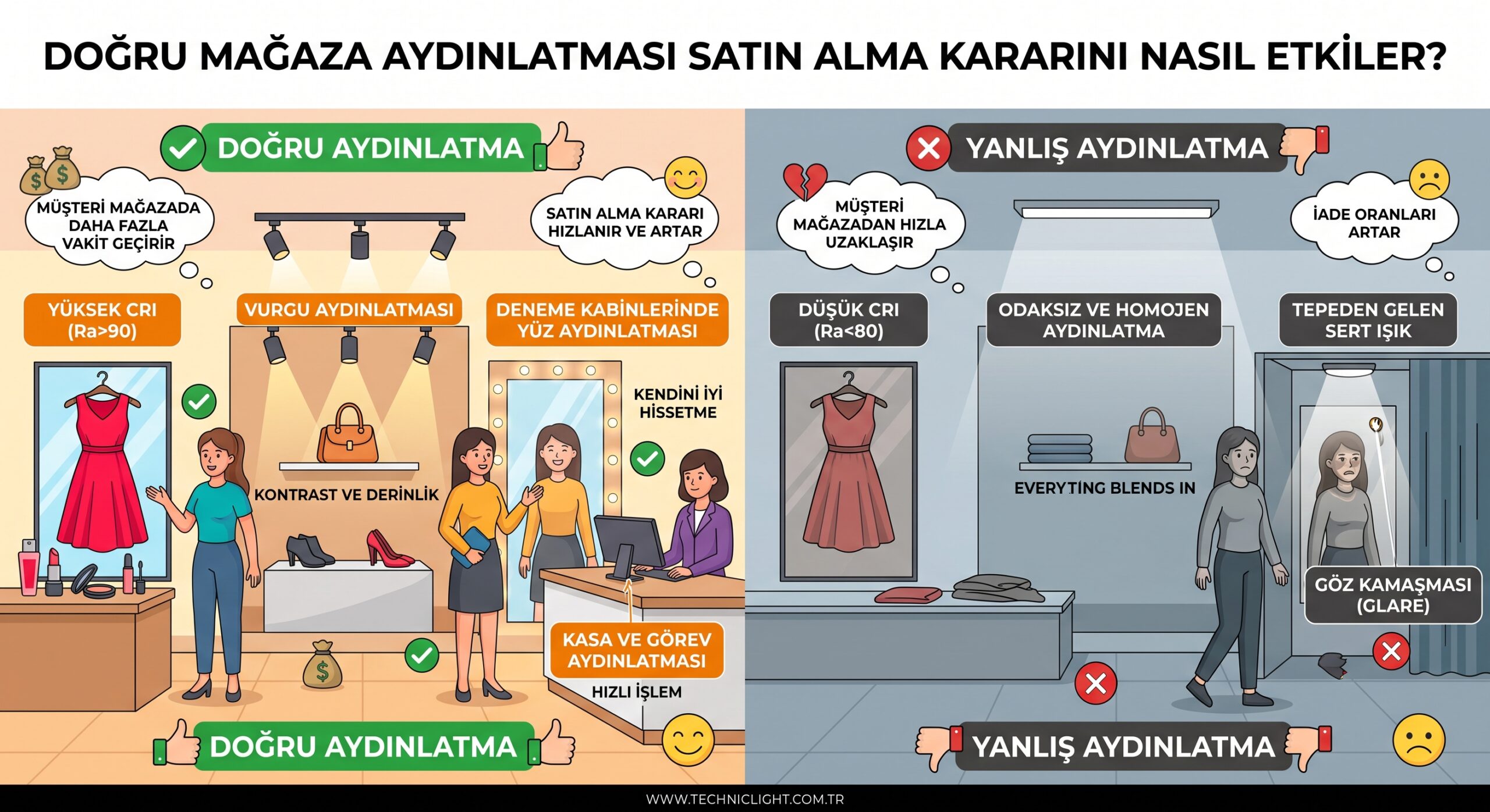 Doğru mağaza aydınlatması müşterilerin satın alma kararını nasıl etkiler sorusunu yanıtlayan ve ışıklandırma tekniklerinin satışlara etkisini gösteren görsel.
