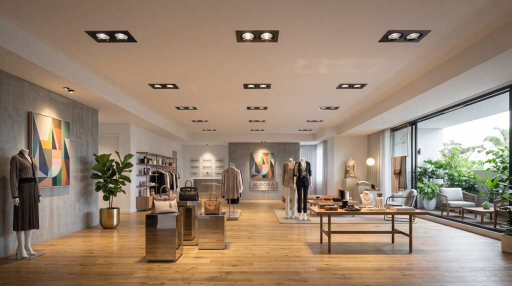 Modern bir mağaza iç mekanında tavana monte edilmiş, ikişer armatürlü, siyah kasalı, sıva altı ikili LED spot aydınlatma sistemleri. Vurgu aydınlatması ile ürünlerin öne çıkarıldığı tasarım