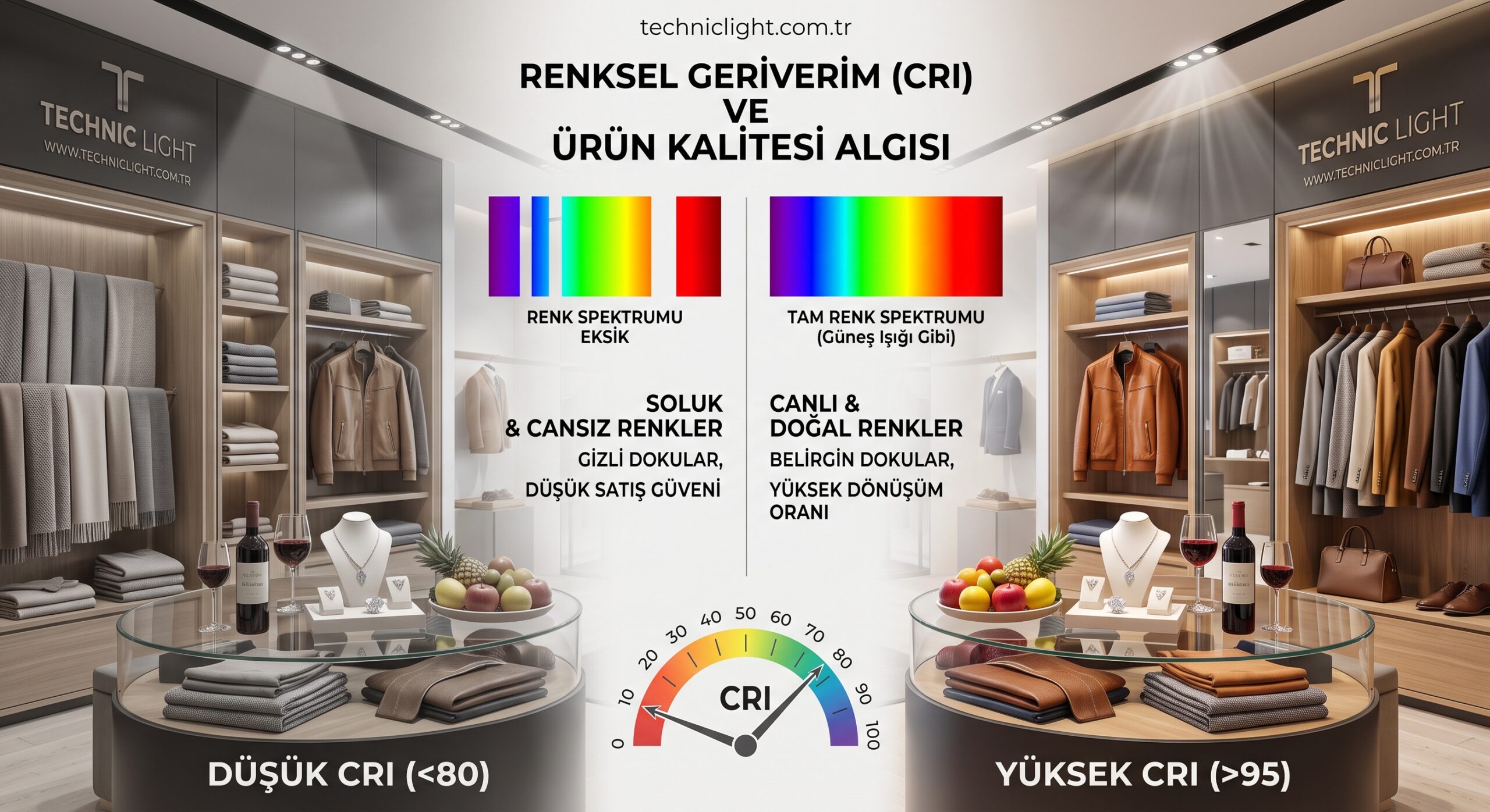 Düşük ve yüksek renksel geriverim (CRI) aydınlatmasının mağaza ürünleri üzerindeki etkisini karşılaştıran görsel. Yüksek CRI ile daha kaliteli, canlı ve doğal ürün görünümü.