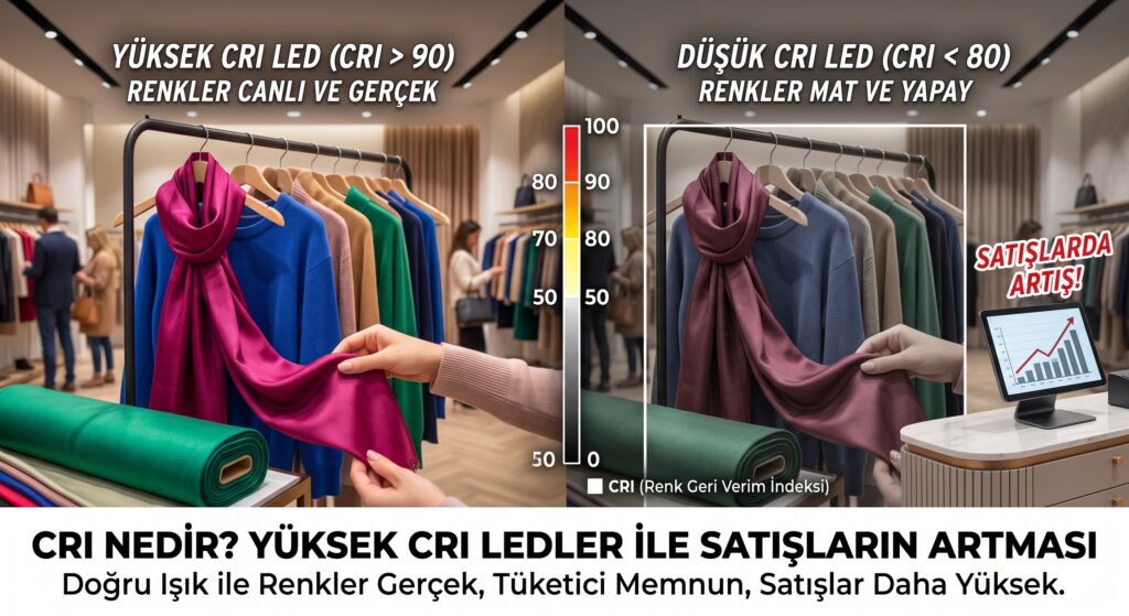 Mağaza aydınlatmasında yüksek CRI ve düşük CRI LED karşılaştırması. CRI nedir ve yüksek CRI LED'ler ile satışların artması arasındaki güçlü ilişkiyi gösteren görsel analiz.