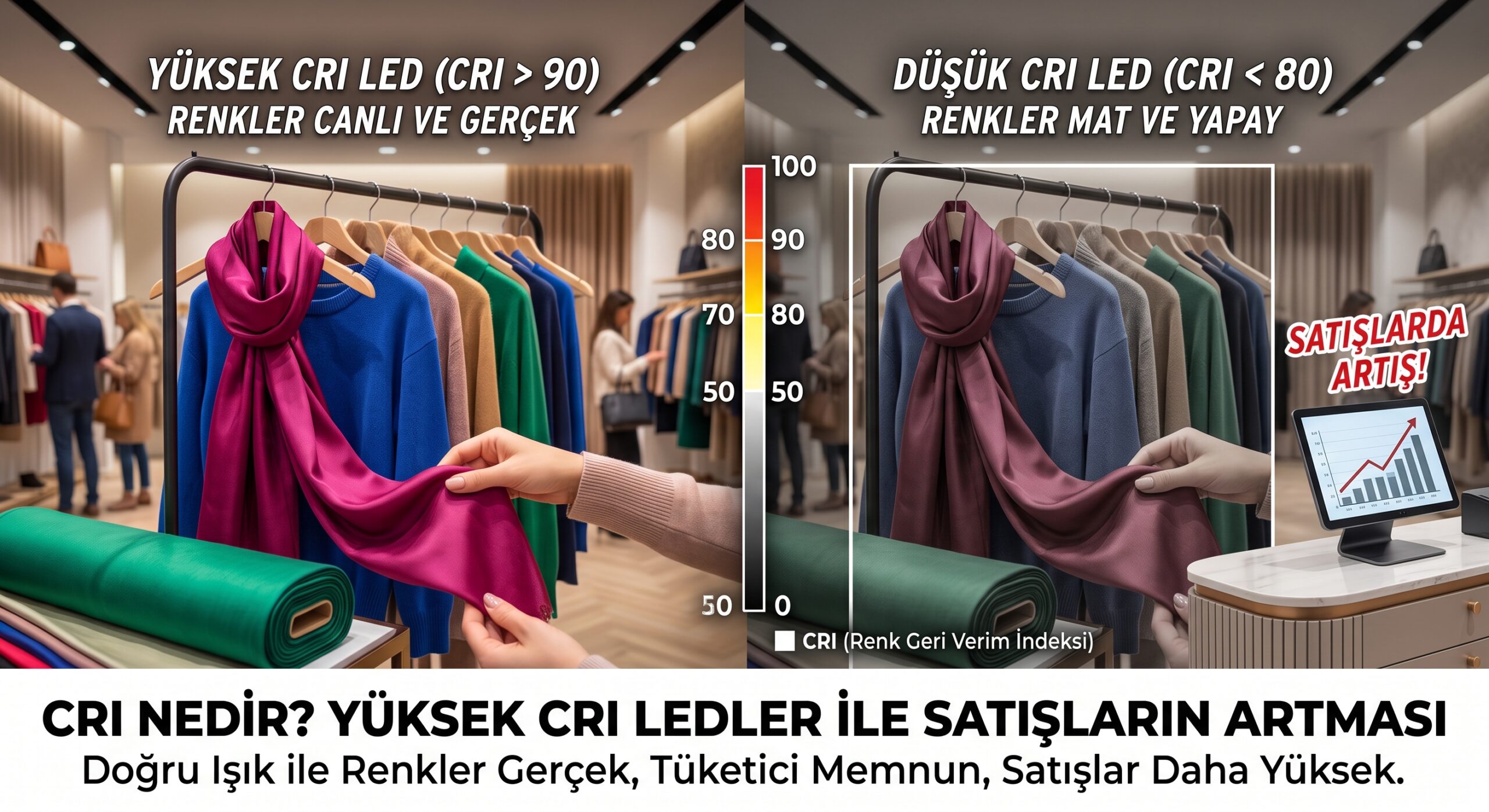 Mağaza aydınlatmasında yüksek CRI ve düşük CRI LED karşılaştırması. CRI nedir ve yüksek CRI LED'ler ile satışların artması arasındaki güçlü ilişkiyi gösteren görsel analiz.