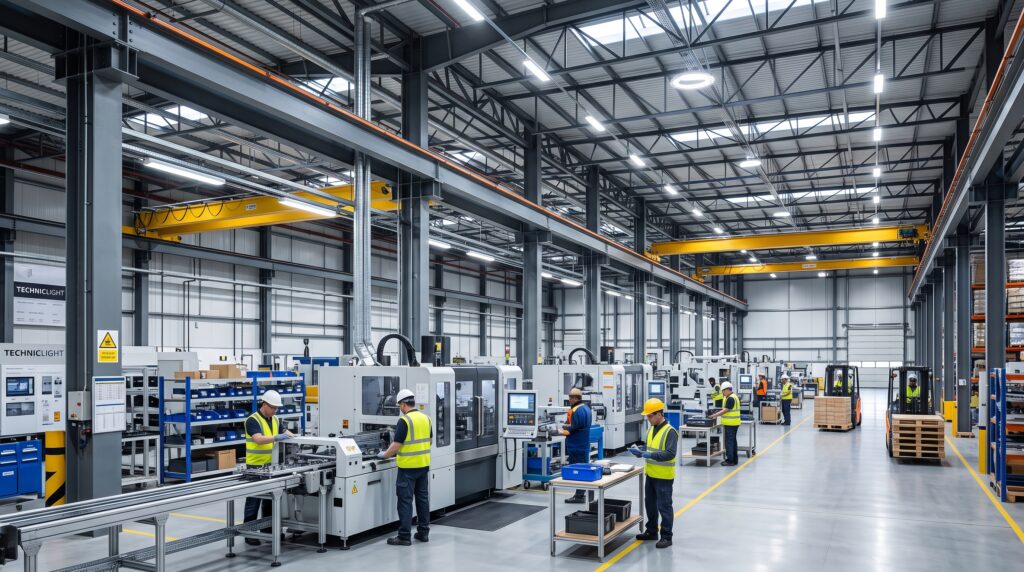 Fabrikada lineer LED armatürlerle homojen aydınlatılmış üretim alanı
